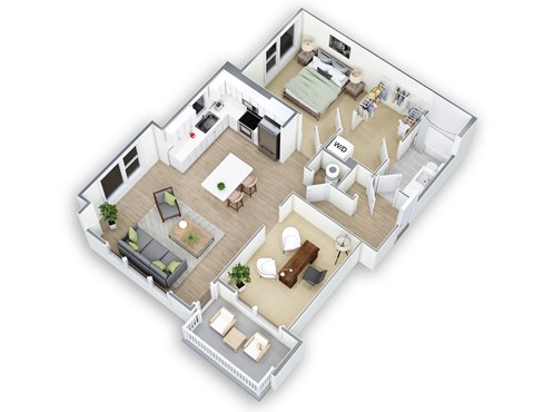 A 3D floor plan of a house with a living room, kitchen, and two bedrooms.